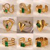 Wholesale Jewelry Stainless Steel Inlaid Green Zircon Geometric French Retro Style Electroplated Ring For Women
