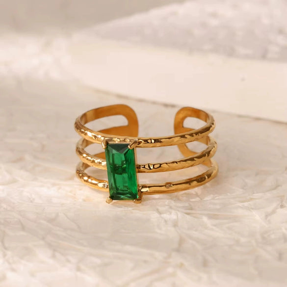 Wholesale Jewelry Stainless Steel Inlaid Green Zircon Geometric French Retro Style Electroplated Ring For Women