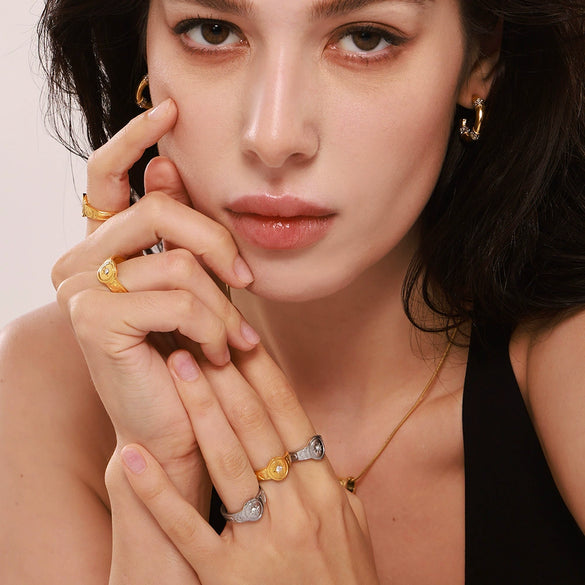 Wholesale Jewelry Stainless Steel Inlaid Zircon Geometric Opening Ring 18K Gold Plated For Women