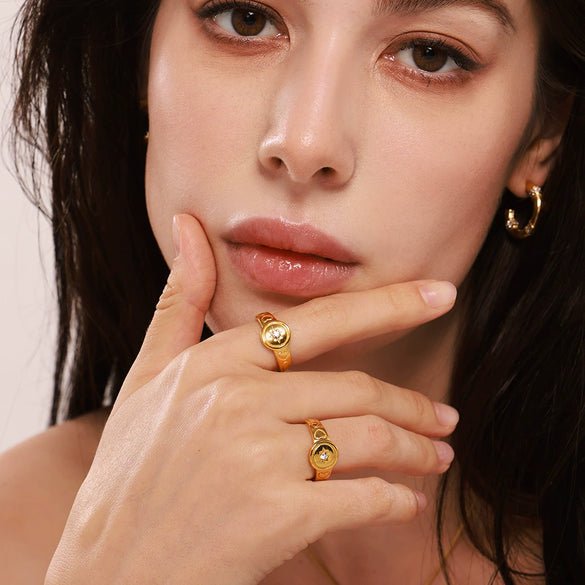 Wholesale Jewelry Stainless Steel Inlaid Zircon Geometric Opening Ring 18K Gold Plated For Women