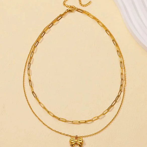 Wholesale Jewelry Stainless Steel 18K Electroplated Bow Cross Chain Double Layer Overlapping Necklace