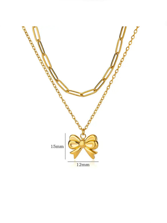 Wholesale Jewelry Stainless Steel 18K Electroplated Bow Cross Chain Double Layer Overlapping Necklace
