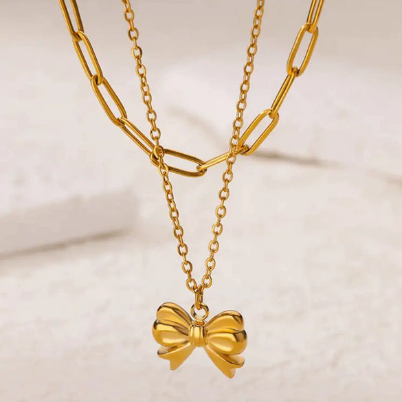 Wholesale Jewelry Stainless Steel 18K Electroplated Bow Cross Chain Double Layer Overlapping Necklace