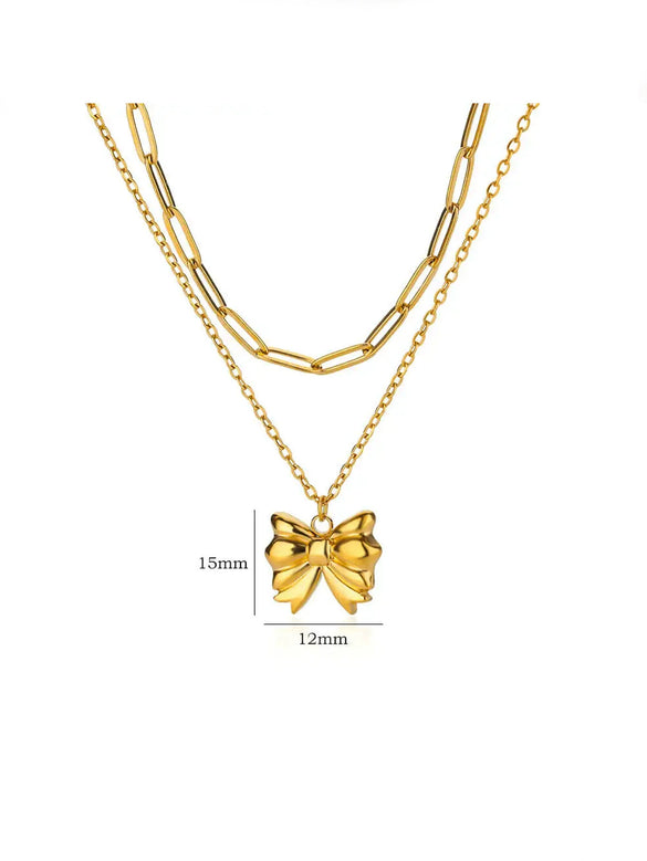Wholesale Jewelry Stainless Steel 18K Electroplated Bow Cross Chain Double Layer Overlapping Necklace