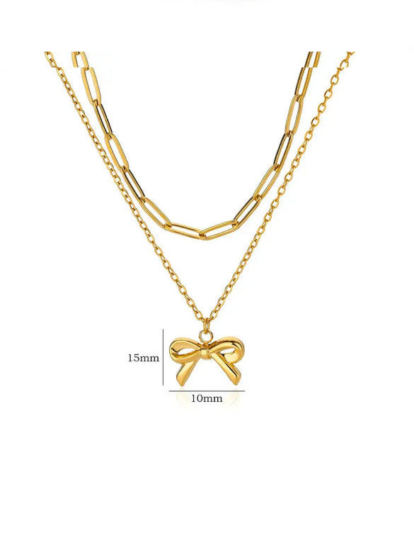 Wholesale Jewelry Stainless Steel 18K Electroplated Bow Cross Chain Double Layer Overlapping Necklace