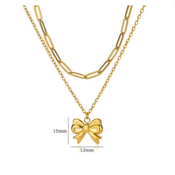 Wholesale Jewelry Stainless Steel 18K Electroplated Bow Cross Chain Double Layer Overlapping Necklace