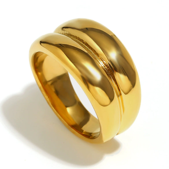 Wholesale Jewelry Stainless Steel 18K Gold Plated Geometric Doublelayer Irregular Drum Ring For Women