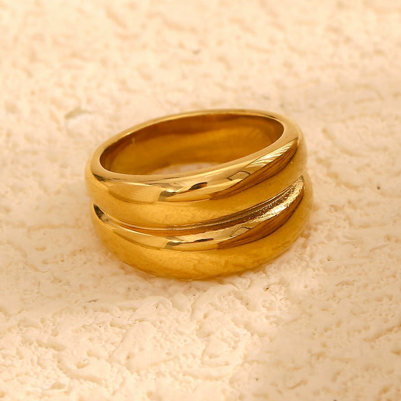 Wholesale Jewelry Stainless Steel 18K Gold Plated Geometric Doublelayer Irregular Drum Ring For Women