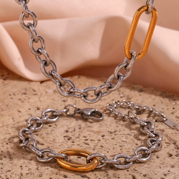 Wholesale Jewelry Stainless Steel 18K Gold Plated Geometric O Shaped Chain Splicing Necklace Set And Bracelet For Women