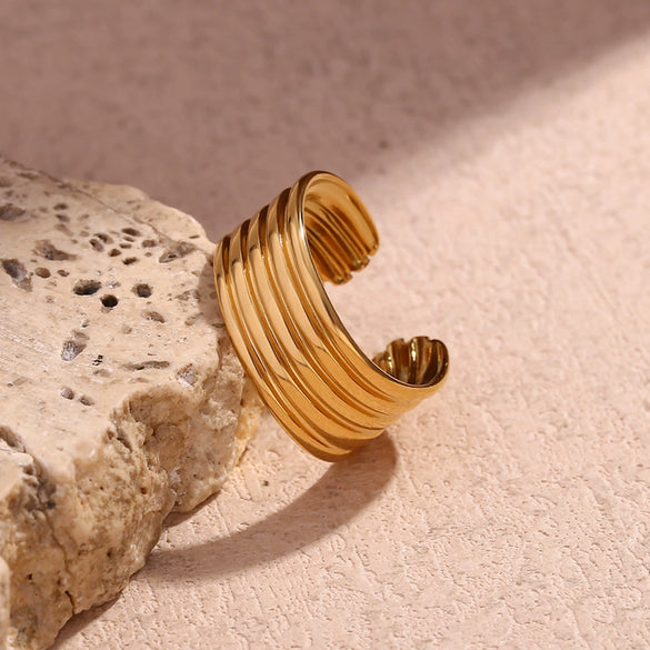 Wholesale Jewelry Stainless Steel 18K Gold Plated Geometric Retro Open Multilayer Striped Ring For Women