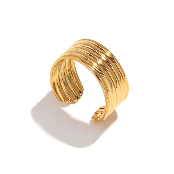 Wholesale Jewelry Stainless Steel 18K Gold Plated Geometric Retro Open Multilayer Striped Ring For Women
