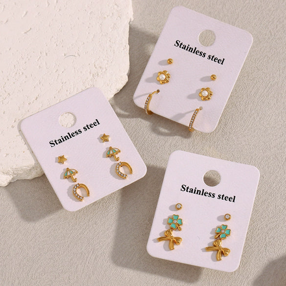 Wholesale Jewelry Stainless Steel 18K Gold Plated Geometric Style Flower Round Star Umbrella Ushaped Earrings And Ring 3Piece Set