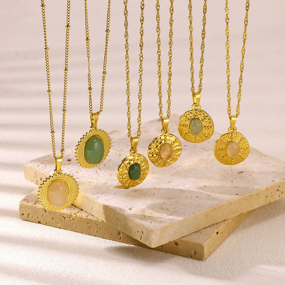Wholesale Jewelry Stainless Steel 18K Gold Plated Imitation Jade Cross Chain Necklace Unisex