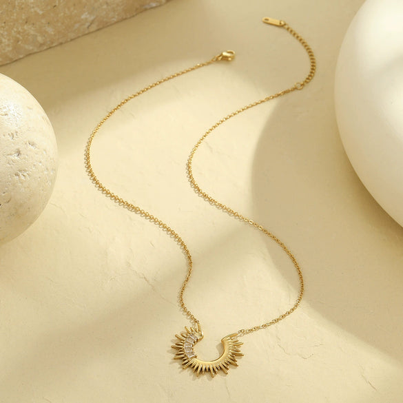 Wholesale Jewelry Stainless Steel 18K Gold Plated Semicircle Sunflower Inlaid White Zircon Necklace For Women Geometric Style