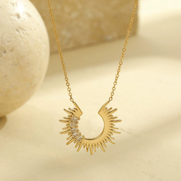 Wholesale Jewelry Stainless Steel 18K Gold Plated Semicircle Sunflower Inlaid White Zircon Necklace For Women Geometric Style