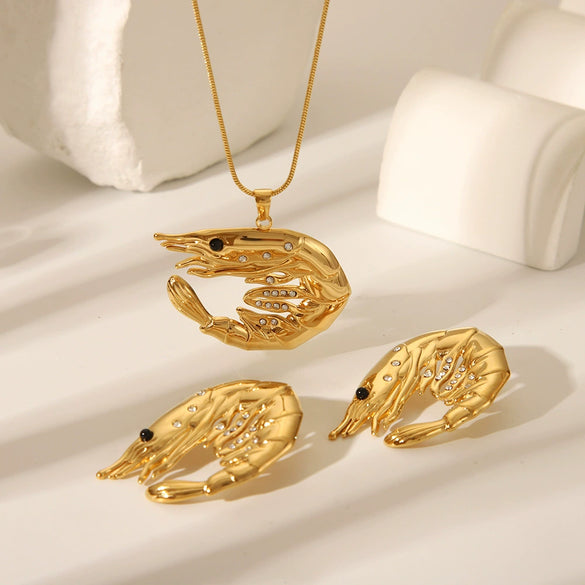 Wholesale Jewelry Stainless Steel Lobster Pendant Necklace With Woolen And Snake Bone Chain Electroplated Shrimp Pattern Distinctive Earrings Unisex Light Luxury