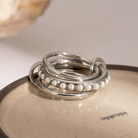 Wholesale Jewelry Stainless Steel Multilayer Stacked Pearl Ring And Titanium Steel Bracelet Geometric Style Electroplated