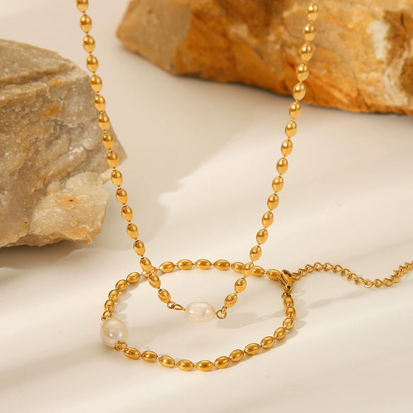 Wholesale Jewelry Stainless Steel Natural Freshwater Pearl Oval Geometric Electroplated Necklace And Bracelet For Women