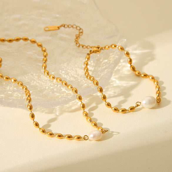 Wholesale Jewelry Stainless Steel Natural Freshwater Pearl Oval Geometric Electroplated Necklace And Bracelet For Women