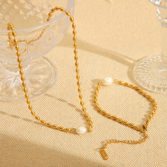 Wholesale Jewelry Stainless Steel Natural Freshwater Pearl Oval Geometric Electroplated Necklace And Bracelet For Women