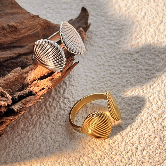Wholesale Jewelry Stainless Steel Natural Geometric Heart Shape Electroplating Two Scallops Open Ring