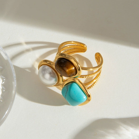 Wholesale Jewelry Stainless Steel Natural Stone Blue Turquoise Tiger Eye Stone Geometric Open Ring Electroplating For Women
