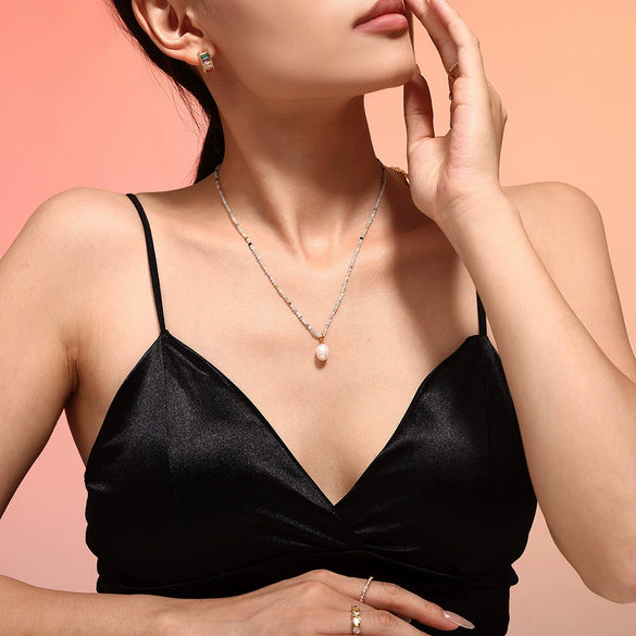 Wholesale Jewelry Stainless Steel Natural Stone Freshwater Pearl Geometric Pendant Collarbone Necklace For Women