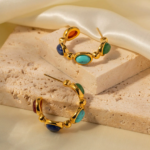 Wholesale Jewelry Stainless Steel Natural Stone Geometric Cshaped Electroplated Earrings For Women