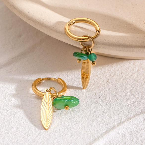 Wholesale Jewelry Stainless Steel Natural Stone Leaf Shape Geometric Vintage Earrings