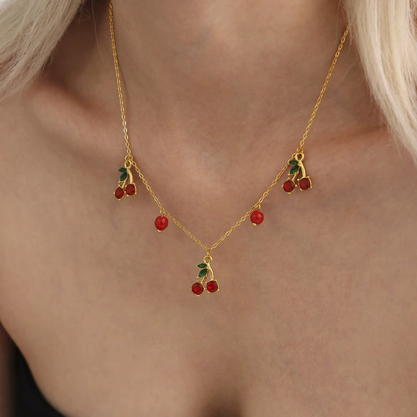Wholesale Jewelry Stainless Steel Natural Stone Zircon Fruit Shape Electroplating Pendant Necklace Earrings Set