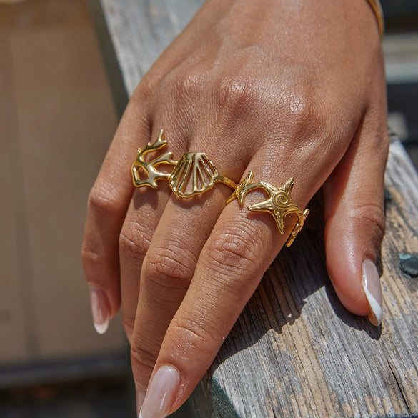 Wholesale Jewelry Stainless Steel Ocean Style Geometric Starfish Coral Joint Open Ring For Women Electroplated