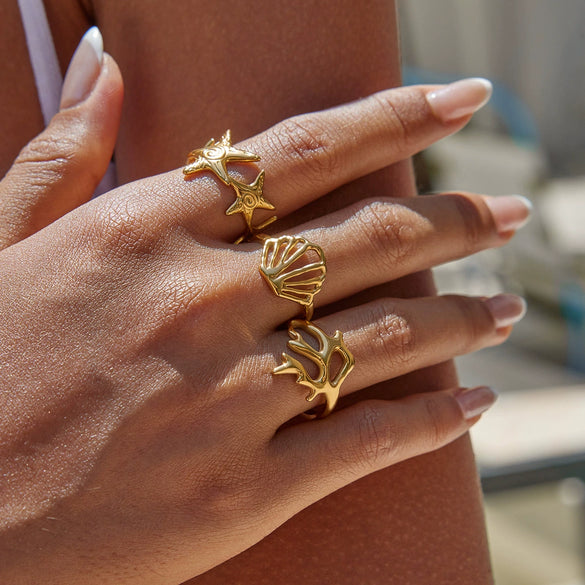 Wholesale Jewelry Stainless Steel Ocean Style Geometric Starfish Coral Joint Open Ring For Women Electroplated