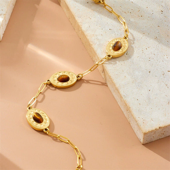 Wholesale Jewelry Stainless Steel Oval Geometric Inlay Tiger Eye Gold Plated Personality Bracelet For Women