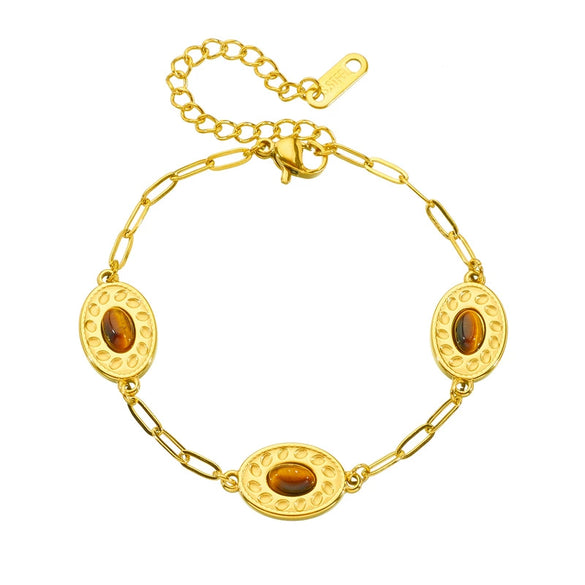 Wholesale Jewelry Stainless Steel Oval Geometric Inlay Tiger Eye Gold Plated Personality Bracelet For Women
