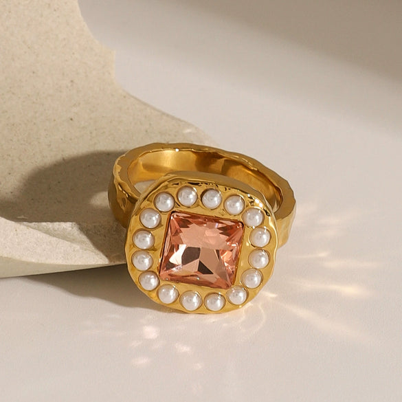 Wholesale Jewelry Stainless Steel Pearl Geometric Ring Electroplated