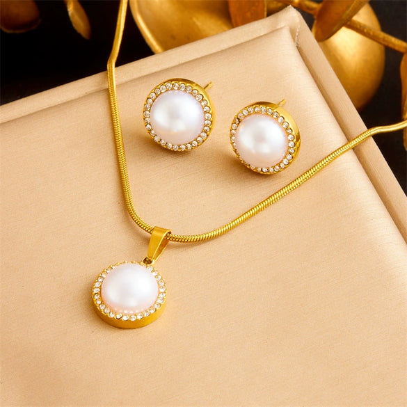 Wholesale Jewelry Stainless Steel Pearl Inlay Geometric Fashion Retro Earrings And Necklace Set