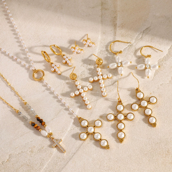 Wholesale Jewelry Stainless Steel Pearl Necklace And Cross Earrings With Geometric Design Electroplated For Women