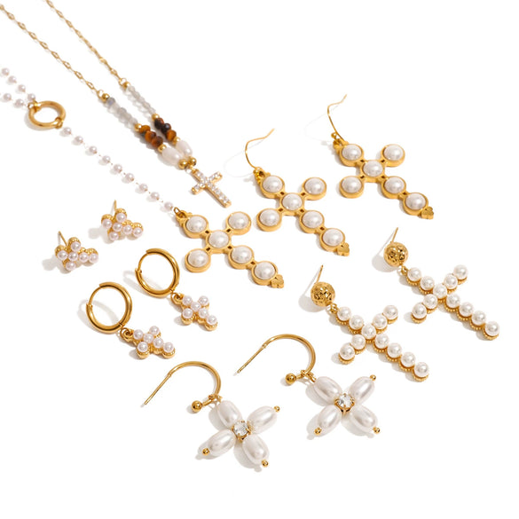 Wholesale Jewelry Stainless Steel Pearl Necklace And Cross Earrings With Geometric Design Electroplated For Women
