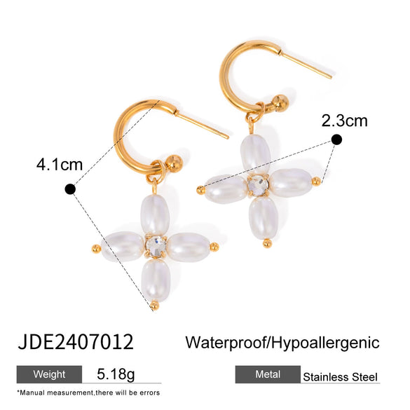 Wholesale Jewelry Stainless Steel Pearl Necklace And Cross Earrings With Geometric Design Electroplated For Women