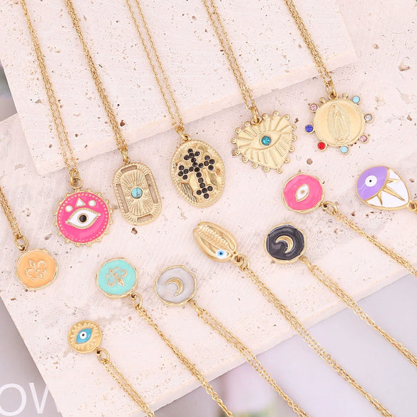 Wholesale Jewelry Stainless Steel Pendant Necklace With Drop Oil Eyes And Cross Moon Design Electroplated