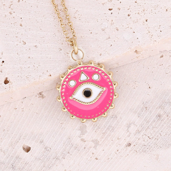 Wholesale Jewelry Stainless Steel Pendant Necklace With Drop Oil Eyes And Cross Moon Design Electroplated