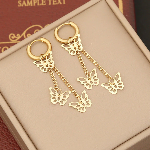 Wholesale Jewelry Stainless Steel Personality Insects And Butterfly Shaped Long Tassel Earrings With Electroplating