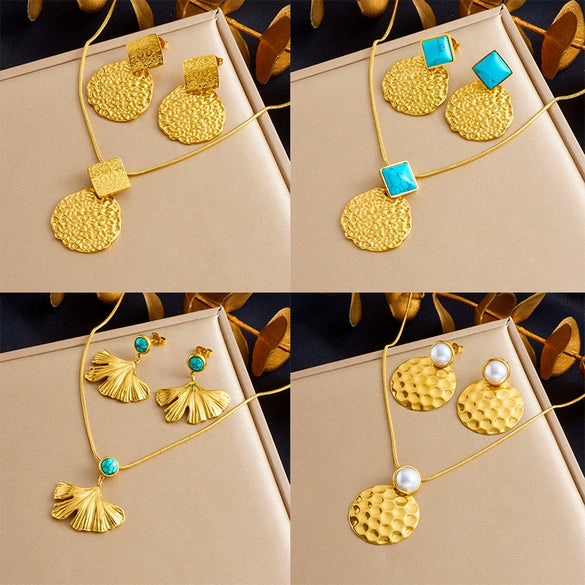 Wholesale Jewelry Stainless Steel Plants And Flowers Ginkgo Square Circle Concave Pendant Earrings Necklace Electroplating