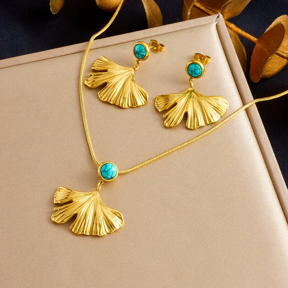 Wholesale Jewelry Stainless Steel Plants And Flowers Ginkgo Square Circle Concave Pendant Earrings Necklace Electroplating