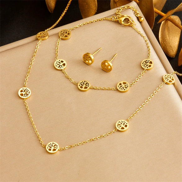 Wholesale Jewelry Stainless Steel Plants And Flowers Pattern Electroplating Round Hollow Necklace Earrings Bracelet Set For Women