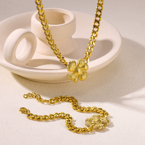 Wholesale Jewelry Stainless Steel Plants And Flowers Style Grinding Chain Electroplated Bracelet Necklace For Women
