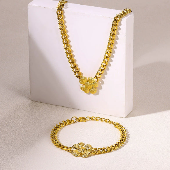 Wholesale Jewelry Stainless Steel Plants And Flowers Style Grinding Chain Electroplated Bracelet Necklace For Women