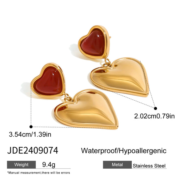 Wholesale Jewelry Stainless Steel Red Agate Oil Drop Resin Love Pendant Earrings Geometric Electroplated