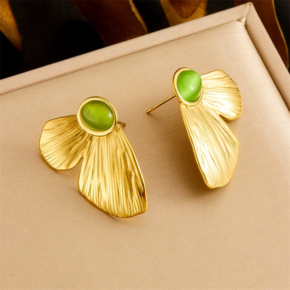 Wholesale Jewelry Stainless Steel Retro Oval Green Opal Half Butterfly Pendant Necklace With Horse Whip Chain And Earrings Electroplating Style