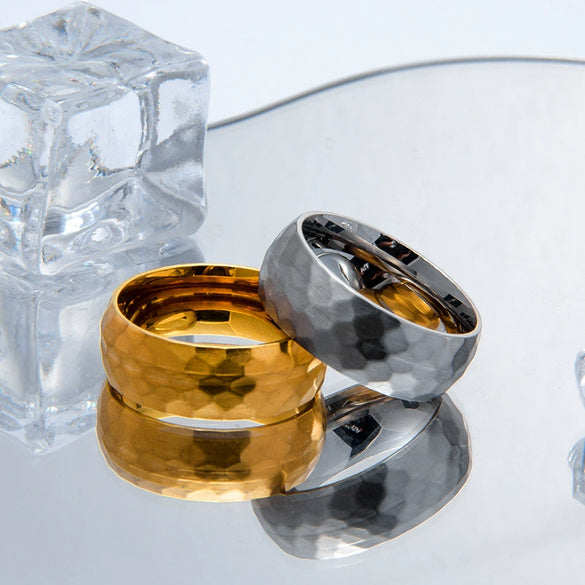 Wholesale Jewelry Stainless Steel Ring Geometric Pattern Hammer Style Vacuum Electroplated